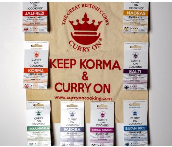 8 Curry Kits with a KEEP KORMA & CURRY ON Apron & Cotton Bag