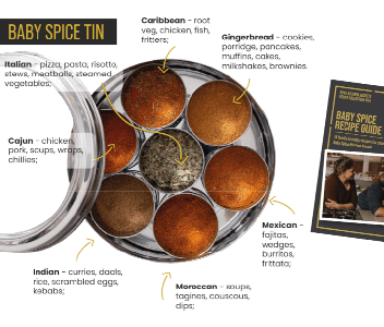 BABY SPICE KITCHEN SPICE TIN WITH HANDMADE SILK SARI WRAP- INTRODUCE YOUR KIDS TO SPICE WITH OUR BRAND NEW SPICE COLLECTION
