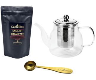 Loose Leaf Tea Set - Teapot 600ml, Tea Measuring Spoon, English Breakfast Loose Leaf Tea 100g