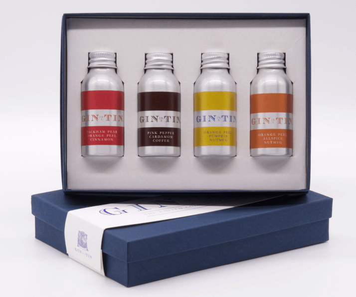 BOX SET OF FOUR SEASONAL AUTUMN GINS IN NAVY BLUE GIFT BOX