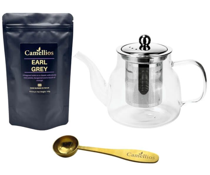 Loose Leaf Tea Set - Teapot 600ml, Tea Measuring Spoon, Earl Grey Loose Leaf Tea 100g