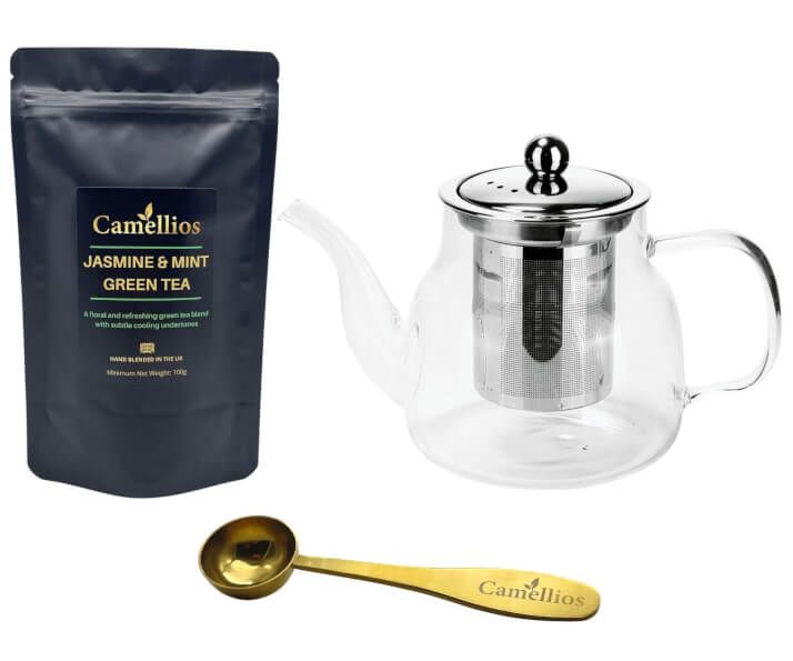 Loose Leaf Tea Set - Teapot 600ml, Tea Measuring Spoon, Jasmine & Mint Loose Leaf Green Tea 100g