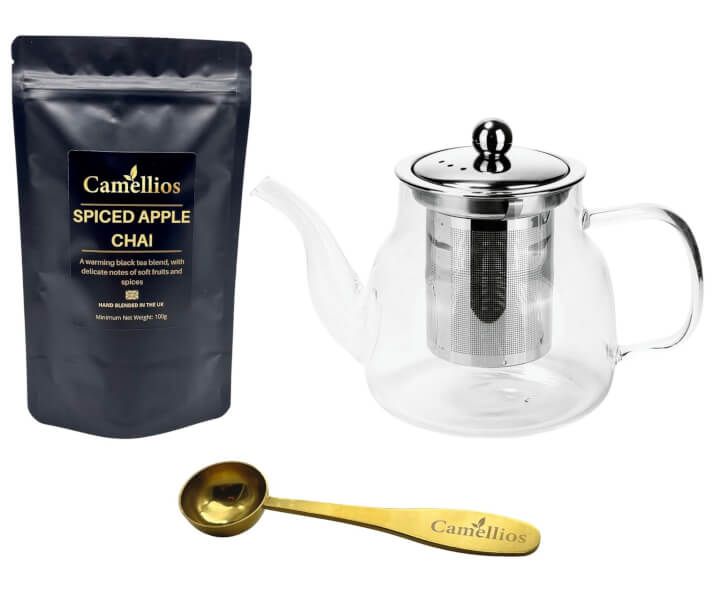 Loose Leaf Tea Set - Teapot 600ml, Tea Measuring Spoon, Spiced Apple Chai Loose Leaf 100g